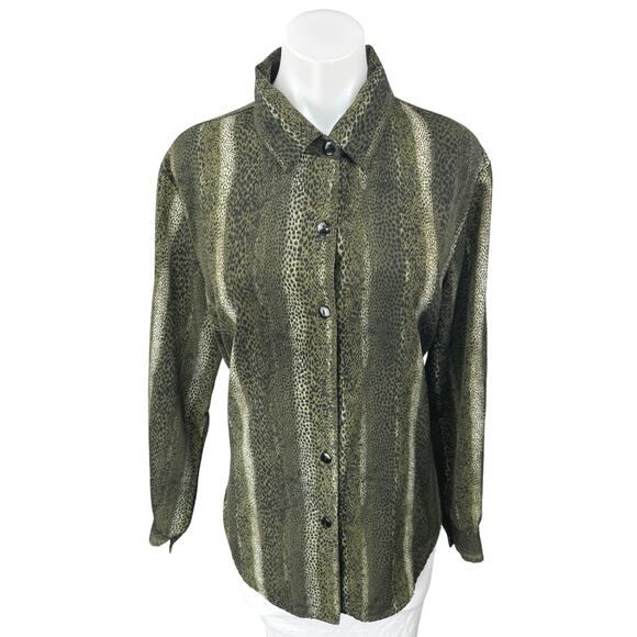 Apparenza Green Reptile Animal Print Long Sleeve Button Down Shirt Blouse Top L - Picture 1 of 4